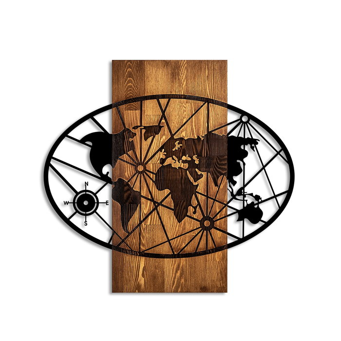 Wallity World Map 4-M Escultura de Pared en Nogal y Negro